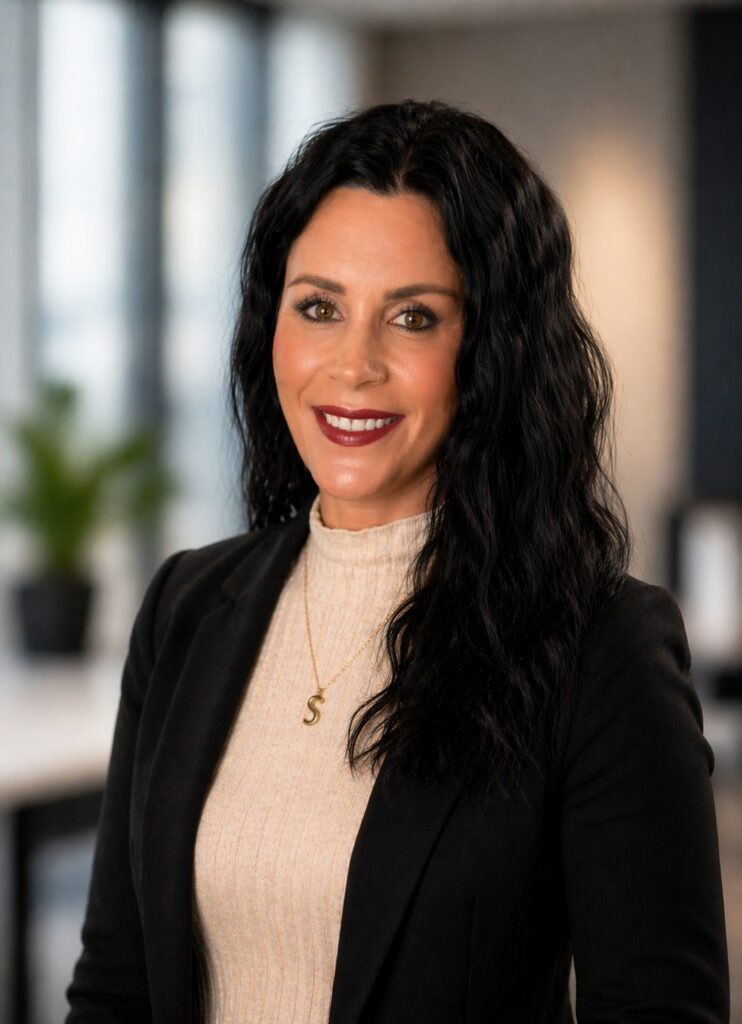 A woman with long black hair and a warm smile, wearing a black blazer over a beige sweater. She has a gold necklace and is positioned in an office setting with blurred windows and a potted plant in the background.