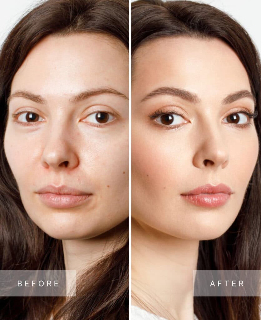 A side-by-side comparison of a woman's face showing 'before' on the left and 'after' on the right. The left side has natural skin, while the right shows the woman with makeup, highlighting her features.