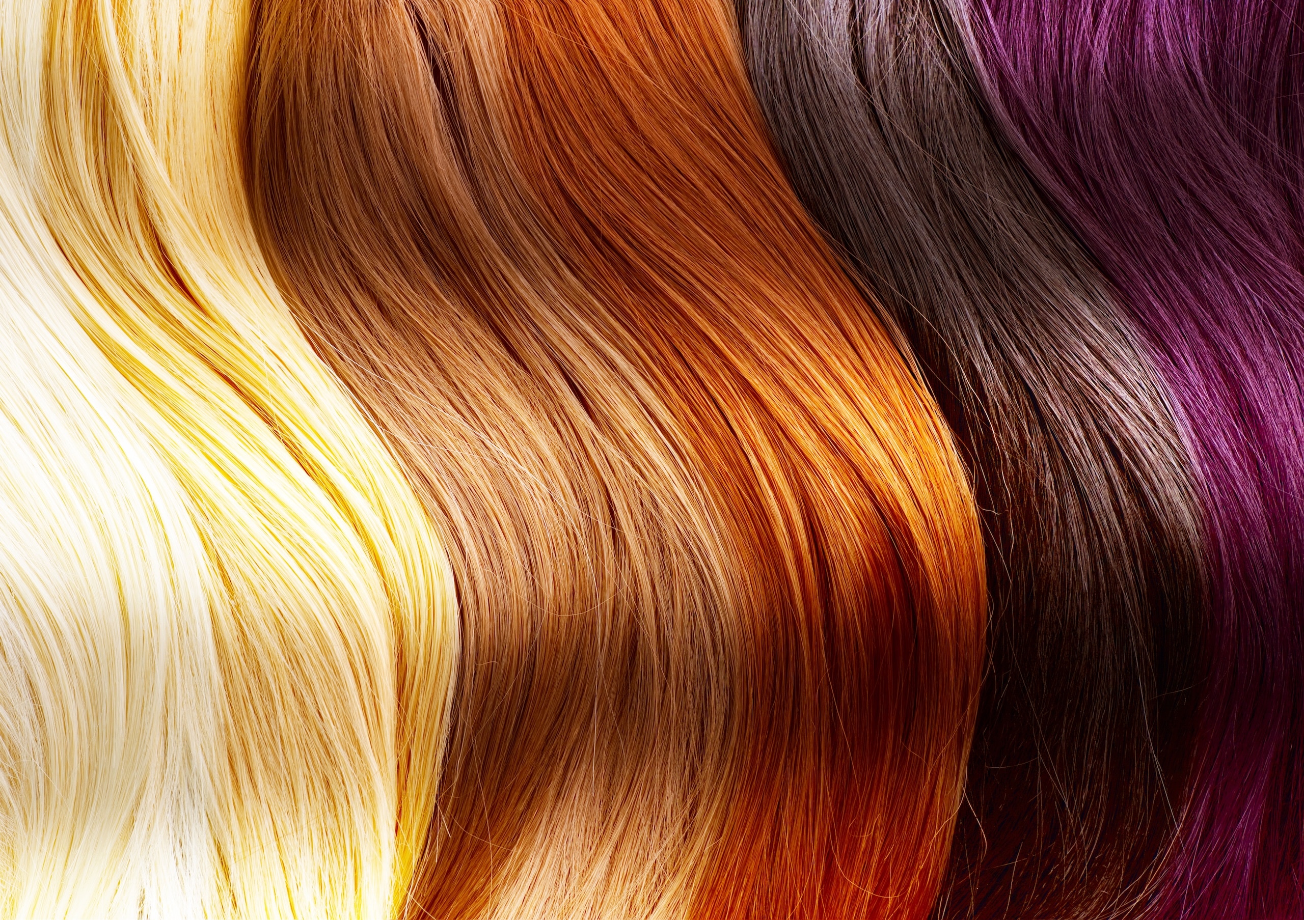 Strands of hair in various shades arranged neatly, showcasing colors like platinum blonde, warm brown, auburn, dark brown, and deep purple. The hair appears glossy and silky, emphasizing the texture and color variations.
