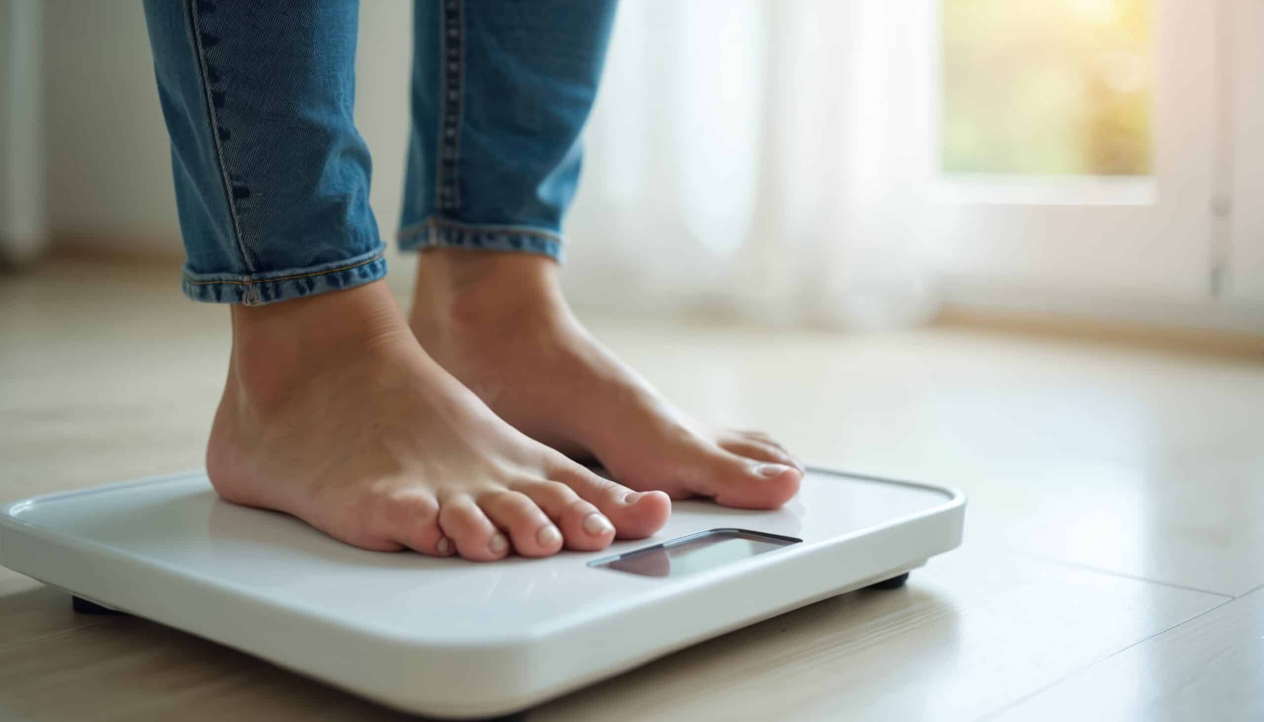 A person stands on a digital weight scale with bare feet, wearing blue jeans. The scale is white and placed on a wooden floor, with soft light coming from a window in the background.