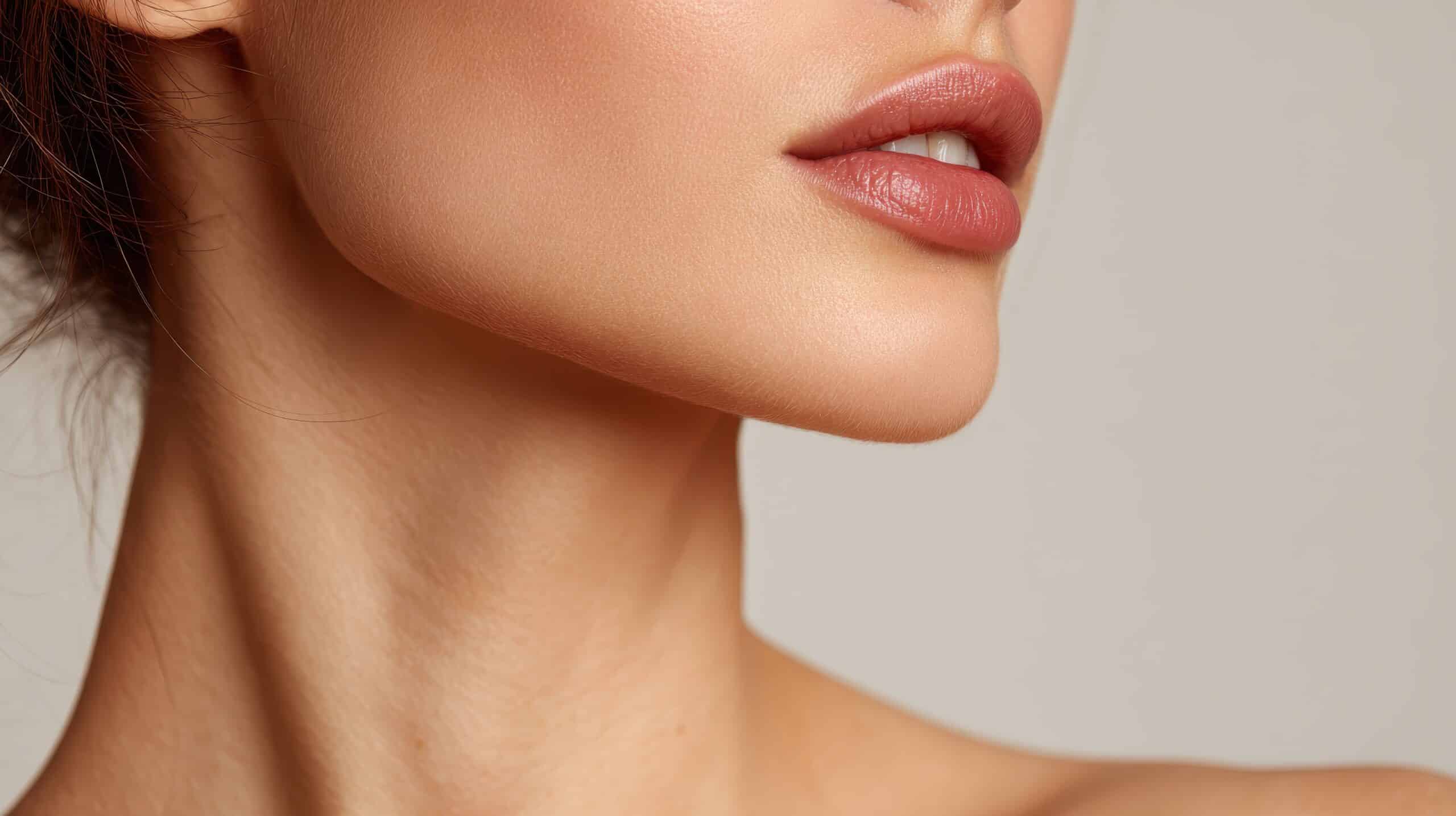 Close-up of a woman's lower face, showcasing her smooth skin, full lips in a natural shade, and defined jawline. The background is neutral, emphasizing her features without distractions.